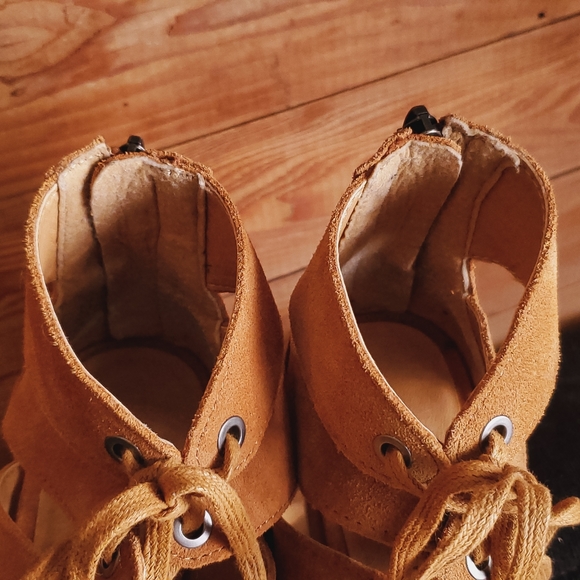 Suede Nude/Brown Lucky Brand Lace Up Sandal Heels - Picture 6 of 7